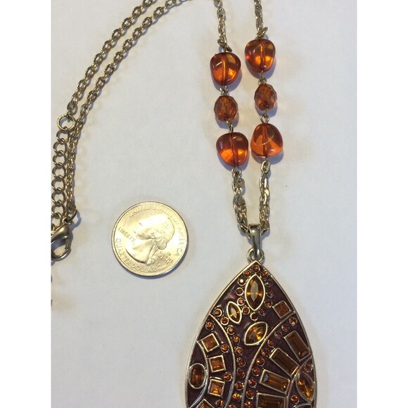 Kenneth Cole Enameled Pendant Necklace on Chain With Amber Colors Signed KC 20” - Picture 2 of 5